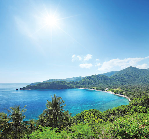 Tropical-calm-lagoon-among-hills-at-sunny-day